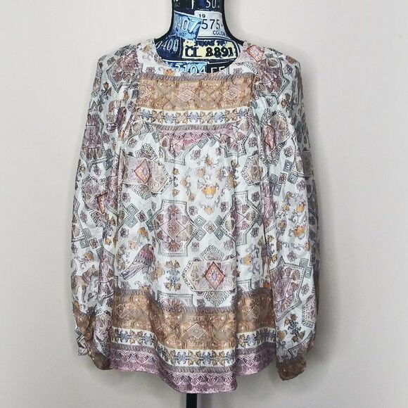 ANTHROPOLOGIE Floral Egyptian Cat Boho Silk Blouse Flowy Balloon Sleeves Size M - Picture 3 of 13